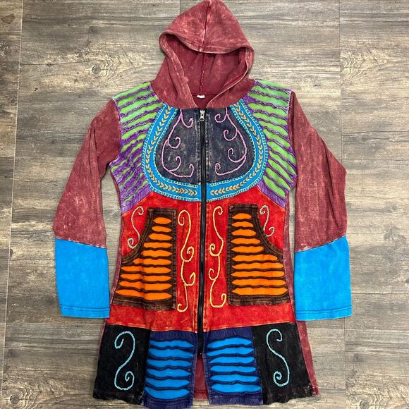 Bohemian Embroidered Ripped Razor Cut Jacket‎ Hooded Women NO SIZE TAG Cotton - Picture 2 of 7